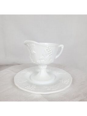 VTG Indiana Colony co Milk glass Harvest grape footed creamer / saucer
